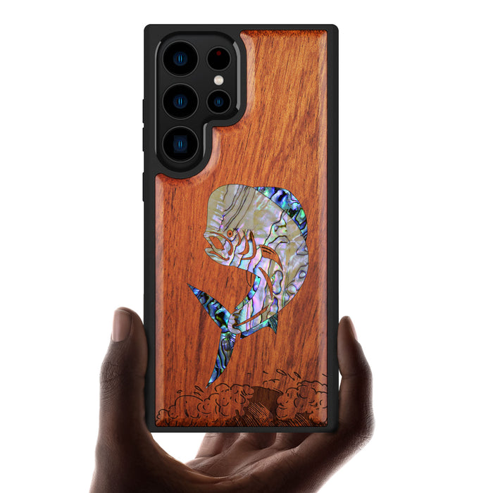 The Majestic Mahi-Mahi, Hand-Inlaid Wood & Mother of Pearl Case - Artisanal Cover for Samsung Galaxy