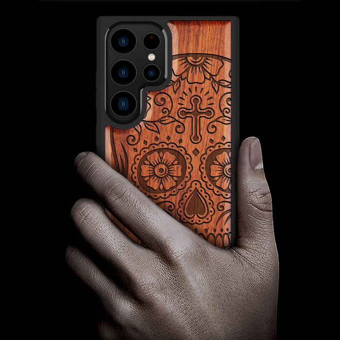 The Dia de los Muertos Sugar Skul, Classic Engraved Wood & TPU Case - Artisanal Cover for Samsung Galaxy