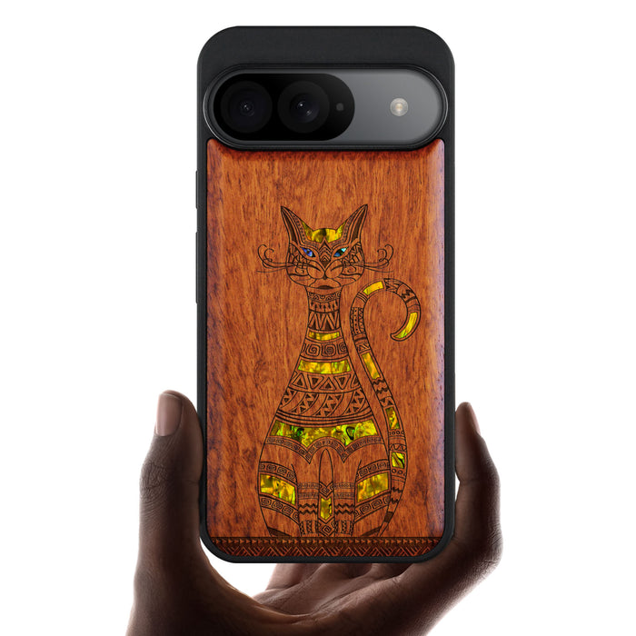 Tribal Cat Art, Hand-Inlaid Wood & Mother of Pearl Case - Artisanal Cover for Google Pixel