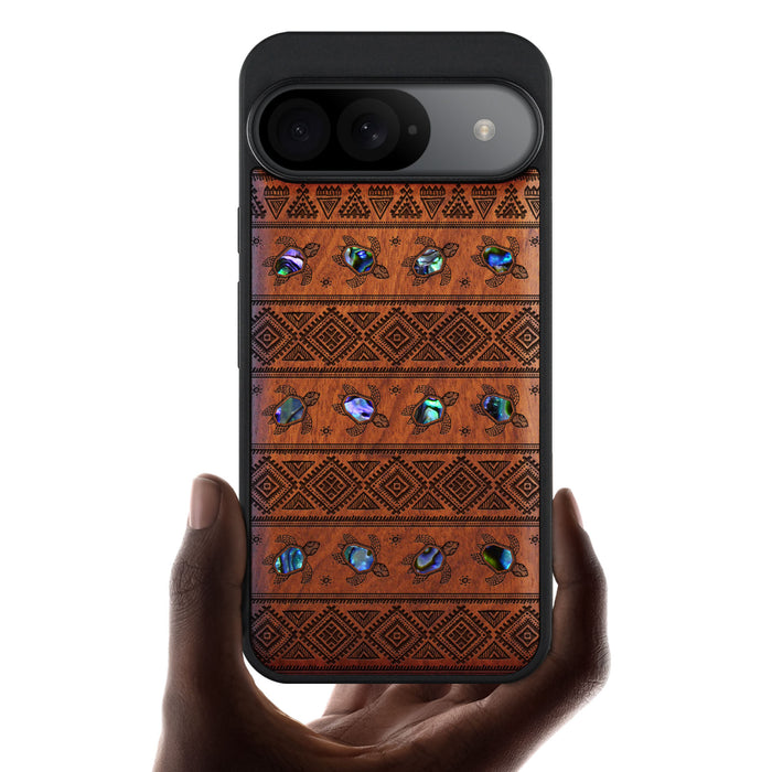 The Aztec Sea Turtle, Hand-Inlaid Wood & Mother of Pearl Case - Artisanal Cover for Google Pixel