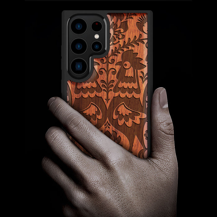 Polish Folk Art with Roosters and Florals, Classic Engraved Wood & TPU Case - Artisanal Cover for Samsung Galaxy