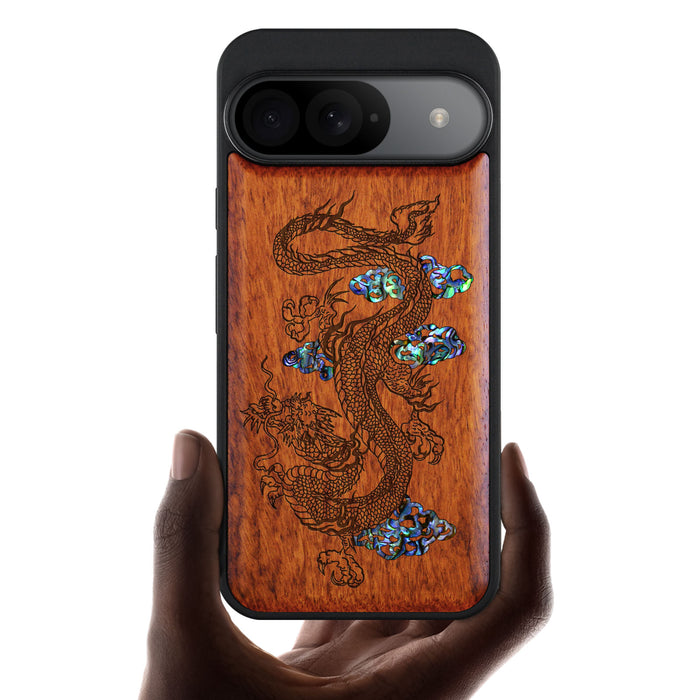 Majestic Chinese Dragon, Hand-Inlaid Wood & Mother of Pearl Case - Artisanal Cover for Google Pixel