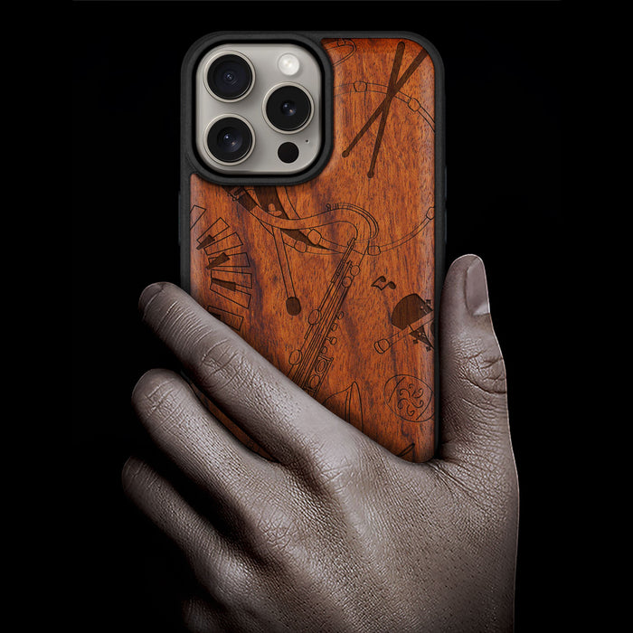 The Saxophone Serenade, Classic Engraved Wood & TPU Case - Artisanal Cover for Apple iPhone