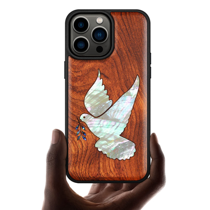 The Dove with Olive Branch, Hand-Inlaid Wood & Mother of Pearl Case - Artisanal Cover for Apple iPhone