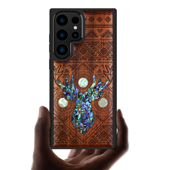 Aztec Geometric Deer, Hand-Inlaid Wood & Mother of Pearl Case - Artisanal Cover for Samsung Galaxy