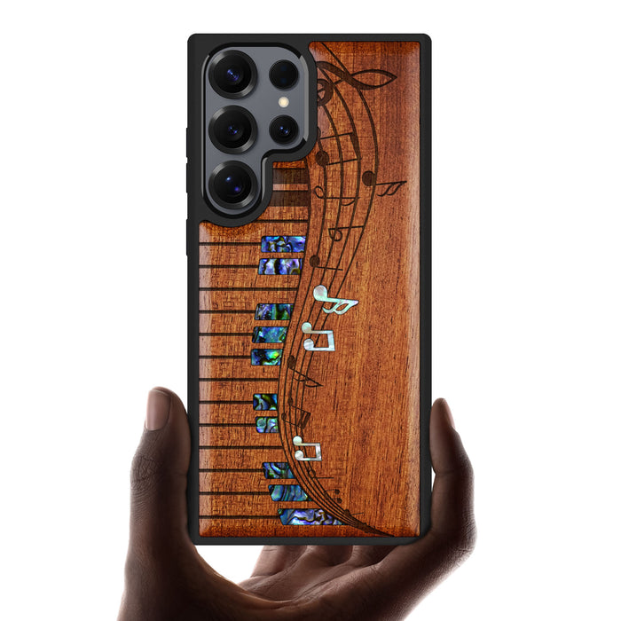 Melodic Wave Symphony, Hand-Inlaid Wood & Mother of Pearl Case - Artisanal Cover for Samsung Galaxy