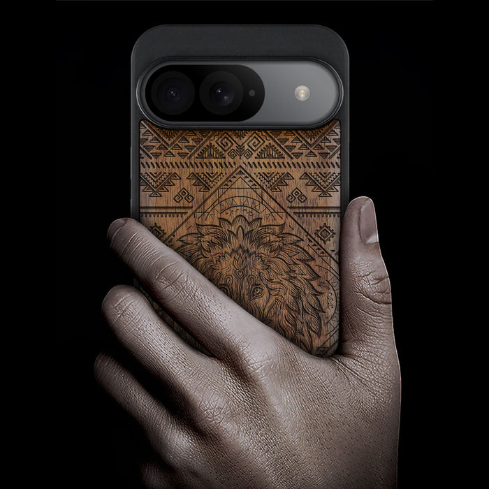 The Filigree Lion, Classic Engraved Wood & TPU Case - Artisanal Cover for Google Pixel