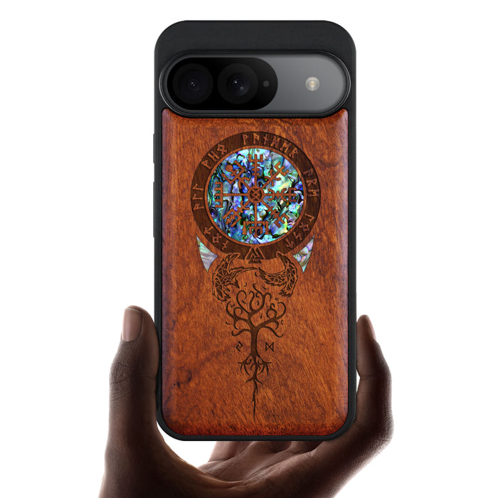 Dragon-Inspired Shield with Aegishjalmur, Hand-Inlaid Wood & Mother of Pearl Case - Artisanal Cover for Google Pixel