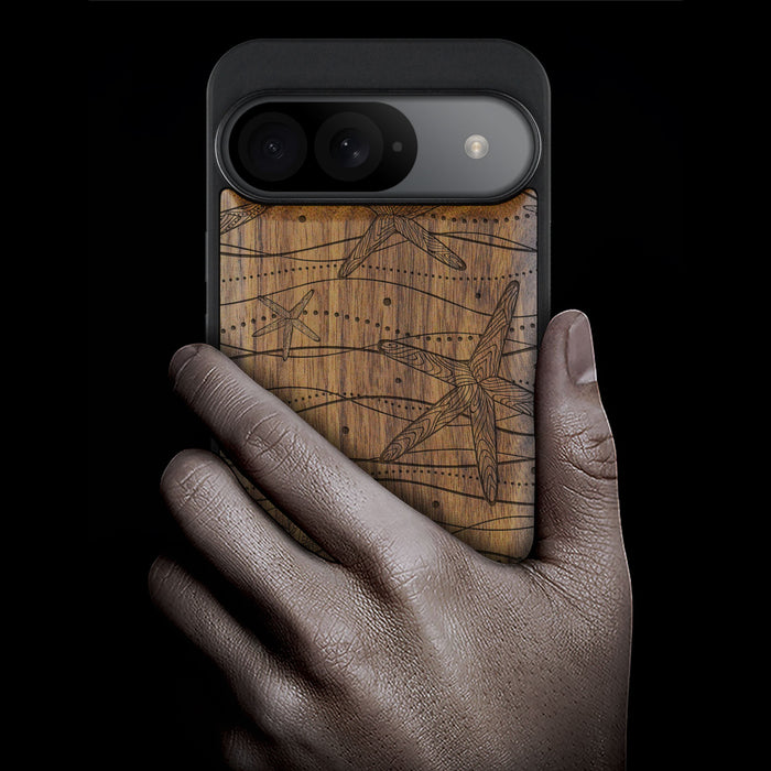 The Starfish Tapestry, Classic Engraved Wood & TPU Case - Artisanal Cover for Google Pixel