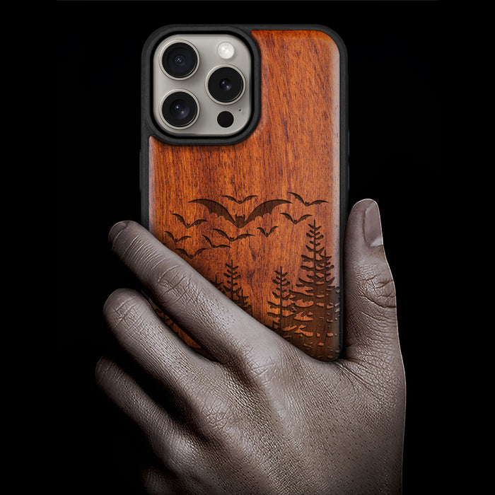 Bats Over the Forest, Classic Engraved Wood & TPU Case - Artisanal Cover for Apple iPhone