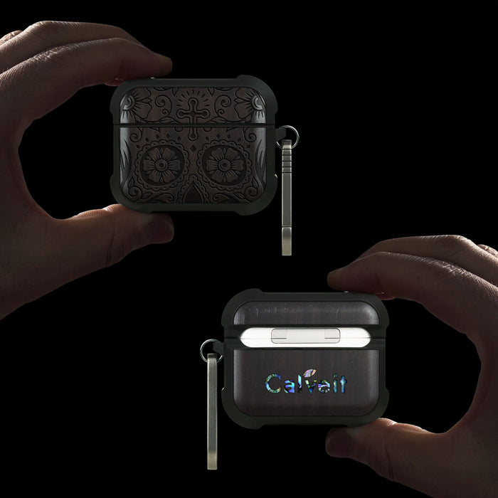 Fiesta Skull - Wood Artisan Engraved & Shell Hand-Inlaid Cover - Artisanal Case for Apple AirPods (Titanium Quick Released Clasp)