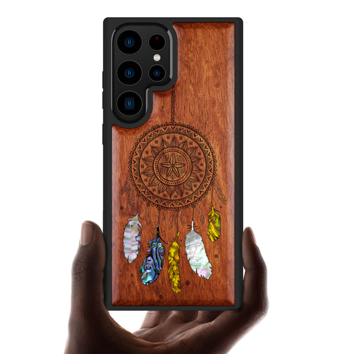 Dreamcatcher's Embrace, Hand-Inlaid Wood & Mother of Pearl Case - Artisanal Cover for Samsung Galaxy