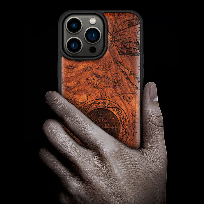 Viking Shield Amidst Maritime Treasures, Classic Engraved Wood & TPU Case - Artisanal Cover for Apple iPhone