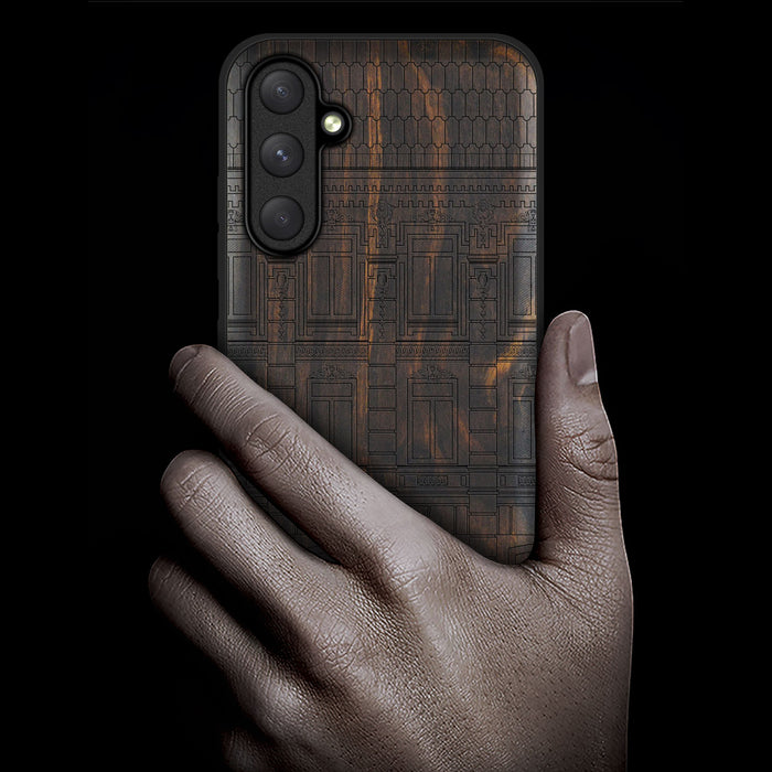 A Three-Storey Architectural Linework Art, Classic Engraved Wood & TPU Case - Artisanal Cover for Samsung Galaxy