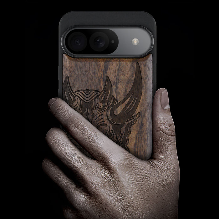 The Art of the Japanese Oni Mask, Classic Engraved Wood & TPU Case - Artisanal Cover for Google Pixel