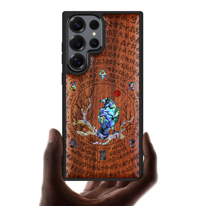 Whispers of the Enigma, Hand-Inlaid Wood & Mother of Pearl Case - Artisanal Cover for Samsung Galaxy