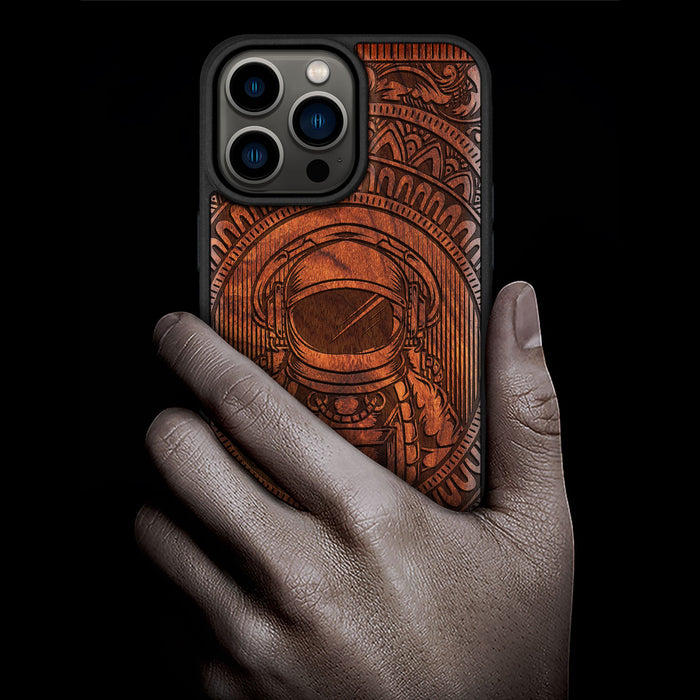 Astronaut in Mandalic Embrace, Classic Engraved Wood & TPU Case - Artisanal Cover for Apple iPhone