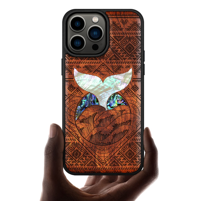 The Whale's Song Amidst Aztec Waves, Hand-Inlaid Wood & Mother of Pearl Case - Artisanal Cover for Apple iPhone