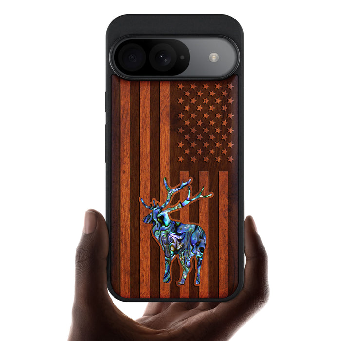 American Flag, Deer, Hand-Inlaid Wood & Mother of Pearl Case - Artisanal Cover for Google Pixel