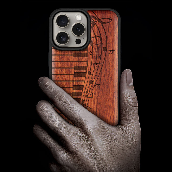 Melodic Waves, Classic Engraved Wood & TPU Case - Artisanal Cover for Apple iPhone