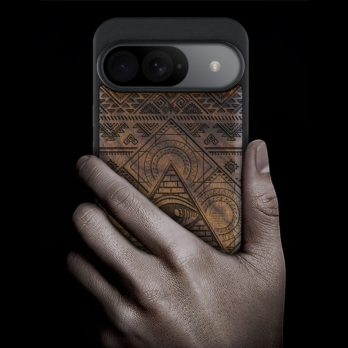 The All-Seeing Eye and the Aztec Voyage, Classic Engraved Wood & TPU Case - Artisanal Cover for Google Pixel