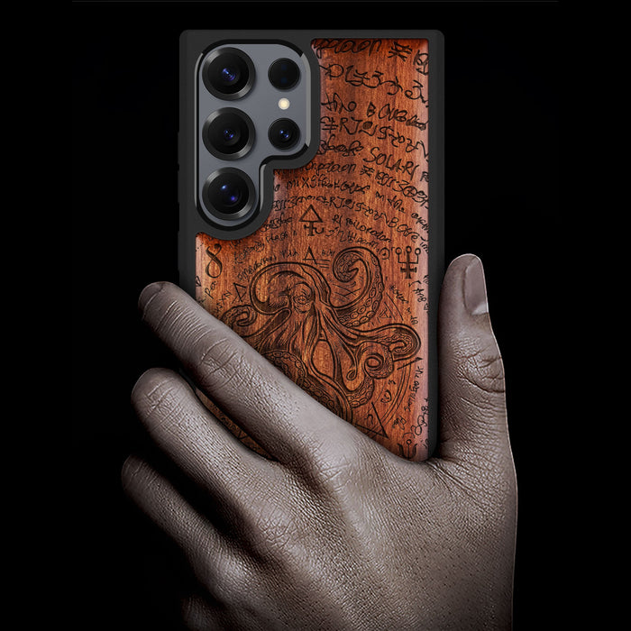 Celestial Cephalopod, Classic Engraved Wood & TPU Case - Artisanal Cover for Samsung Galaxy