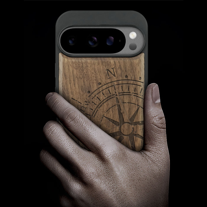 Compass Quest, Classic Engraved Wood & TPU Case - Artisanal Cover for Google Pixel