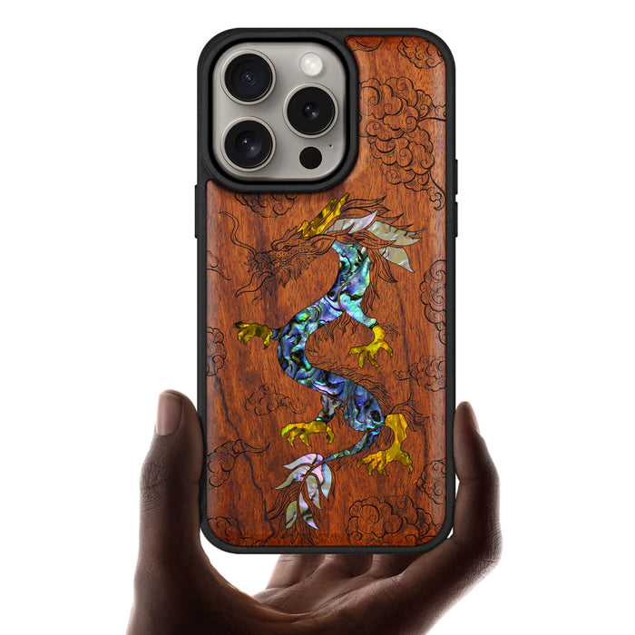 The Dragon's Ascen, Hand-Inlaid Wood & Mother of Pearl Case - Artisanal Cover for Apple iPhone