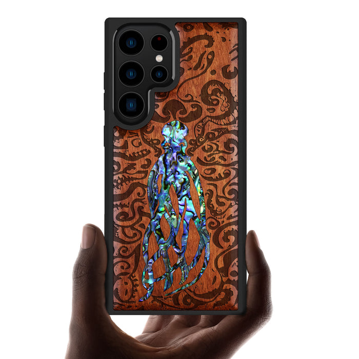 Cephalopod's Nocturne, Hand-Inlaid Wood & Mother of Pearl Case - Artisanal Cover for Samsung Galaxy