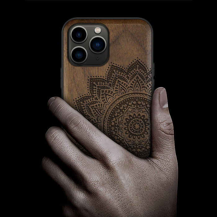 The Half Mandala Lace Art, Classic Engraved Wood & TPU Case - Artisanal Cover for Apple iPhone