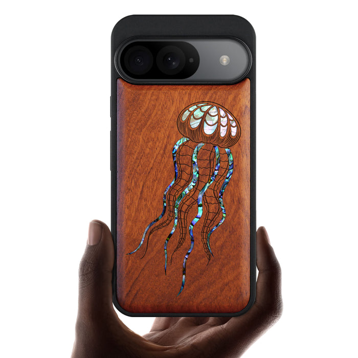 Zentangle Art Jellyfish, Hand-Inlaid Wood & Mother of Pearl Case - Artisanal Cover for Google Pixel