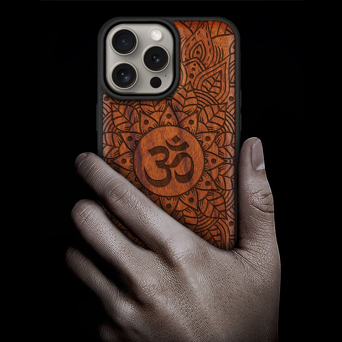 Mandala Om Design, Classic Engraved Wood & TPU Case - Artisanal Cover for Apple iPhone