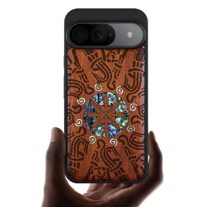 Shield of the Ancients, Hand-Inlaid Wood & Mother of Pearl Case - Artisanal Cover for Google Pixel