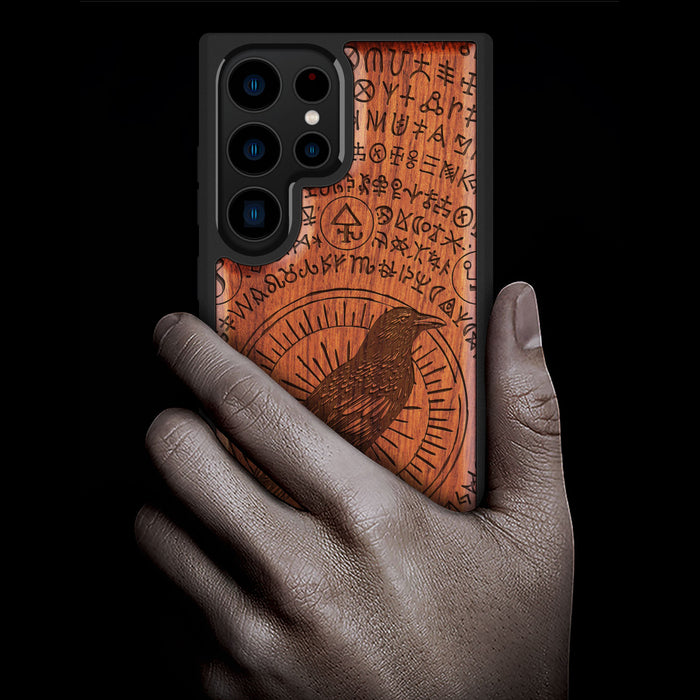 The Haloed Crow, Classic Engraved Wood & TPU Case - Artisanal Cover for Samsung Galaxy