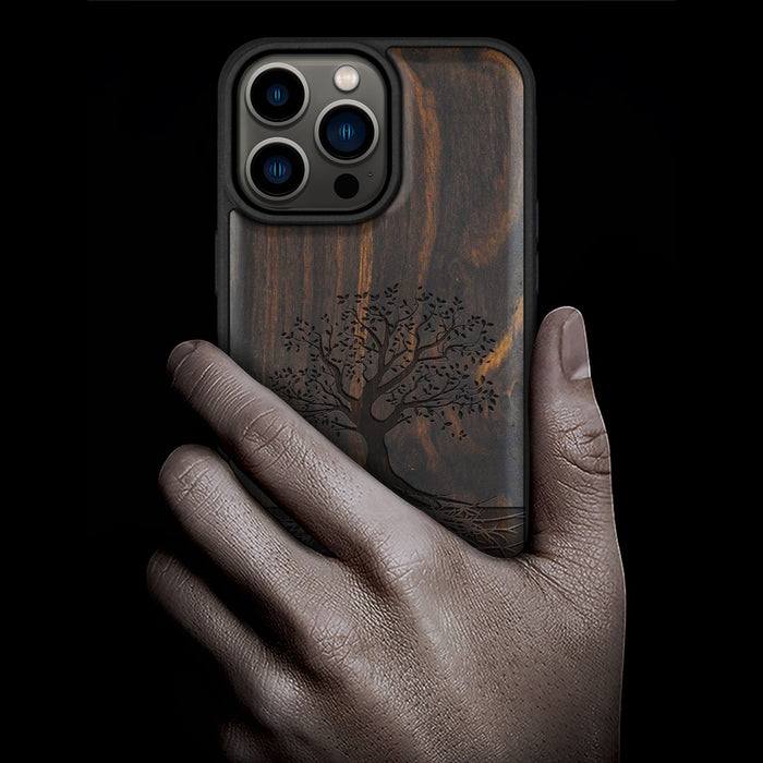 The Yin Yang Tree, Classic Engraved Wood & TPU Case - Artisanal Cover for Apple iPhone