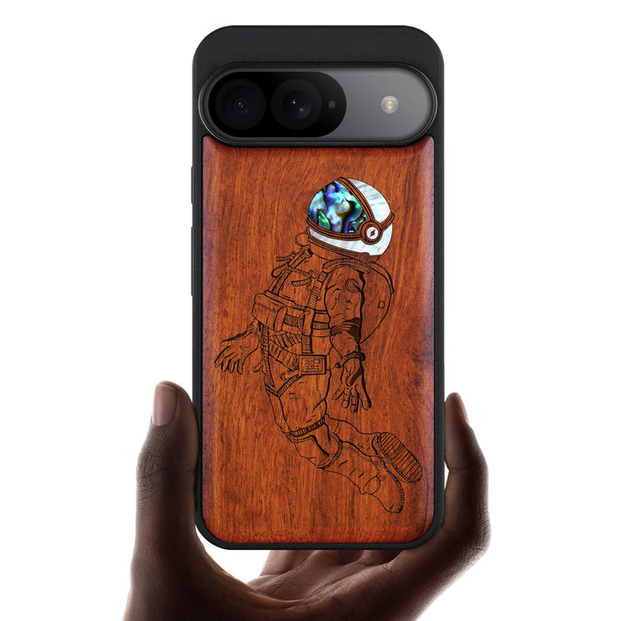 The Floating Astronaut, Hand-Inlaid Wood & Mother of Pearl Case - Artisanal Cover for Google Pixel