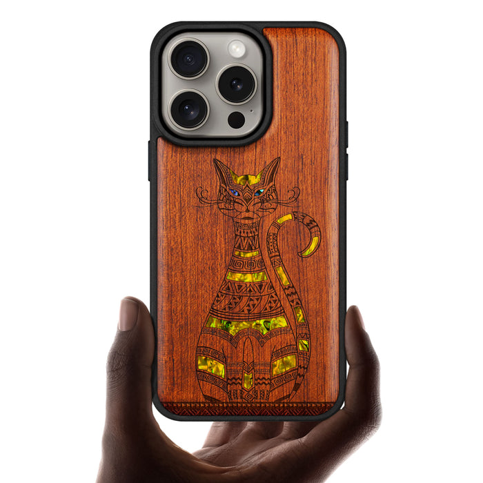 Tribal Cat Art, Hand-Inlaid Wood & Mother of Pearl Case - Artisanal Cover for Apple iPhone