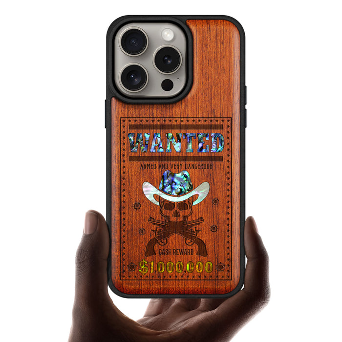 Outlaw Skull Wanted, Hand-Inlaid Wood & Mother of Pearl Case - Artisanal Cover for Apple iPhone