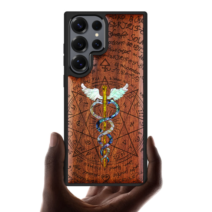 An Octagonal Star Embrace, Hand-Inlaid Wood & Mother of Pearl Case - Artisanal Cover for Samsung Galaxy