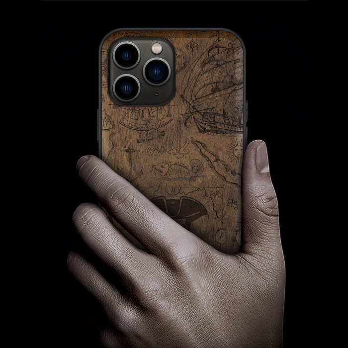 The Pirate's Legacy, Classic Engraved Wood & TPU Case - Artisanal Cover for Apple iPhone