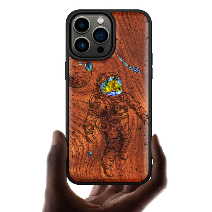 A Celestial Odyssey, Hand-Inlaid Wood & Mother of Pearl Case - Artisanal Cover for Apple iPhone