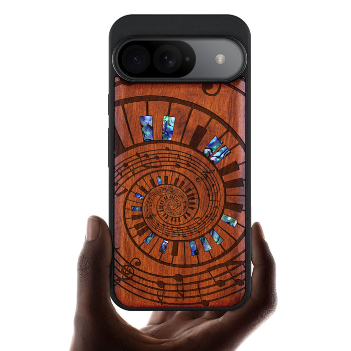 A Spiral Symphony, Hand-Inlaid Wood & Mother of Pearl Case - Artisanal Cover for Google Pixel