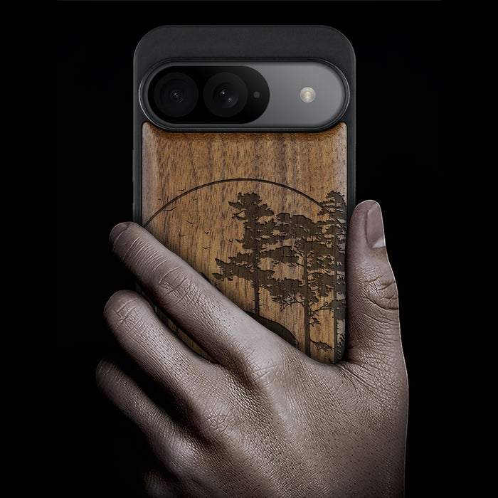 The Enchanting Fox, Classic Engraved Wood & TPU Case - Artisanal Cover for Google Pixel