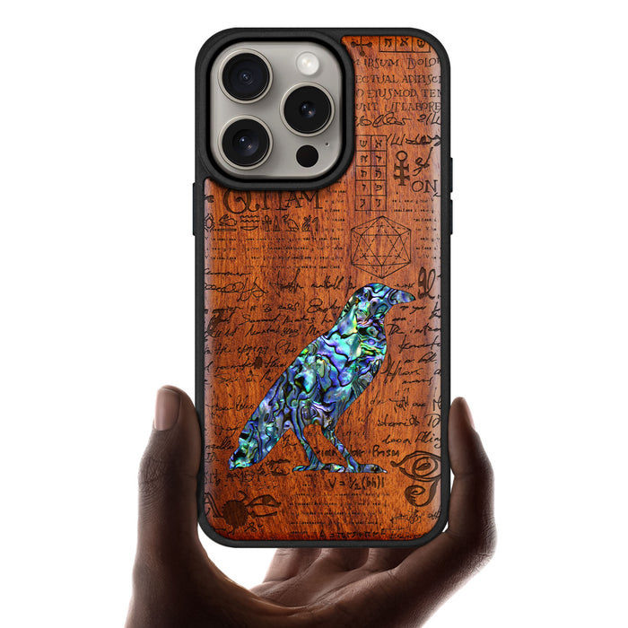 Raven Script, Hand-Inlaid Wood & Mother of Pearl Case - Artisanal Cover for Apple iPhone
