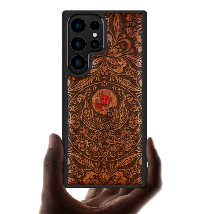 Phoenix in Symmetry, Hand-Inlaid Wood & Mother of Pearl Case - Artisanal Cover for Samsung Galaxy