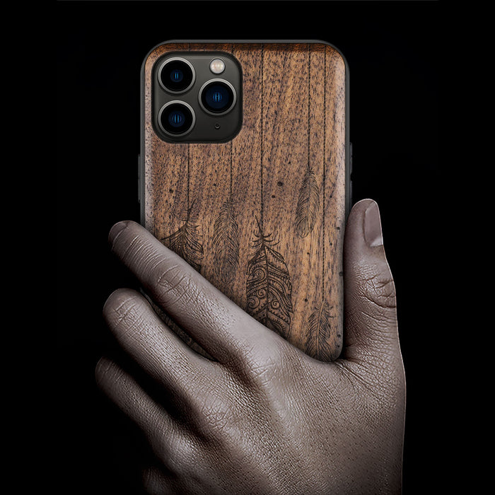 The Feathered Tapestry, Classic Engraved Wood & TPU Case - Artisanal Cover for Apple iPhone