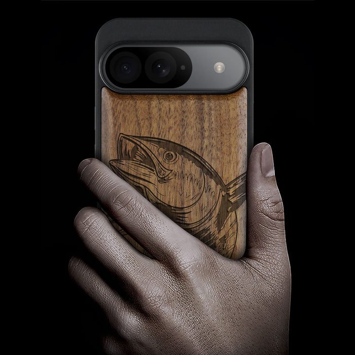 The Tuna's Spectacular Soar, Classic Engraved Wood & TPU Case - Artisanal Cover for Google Pixel