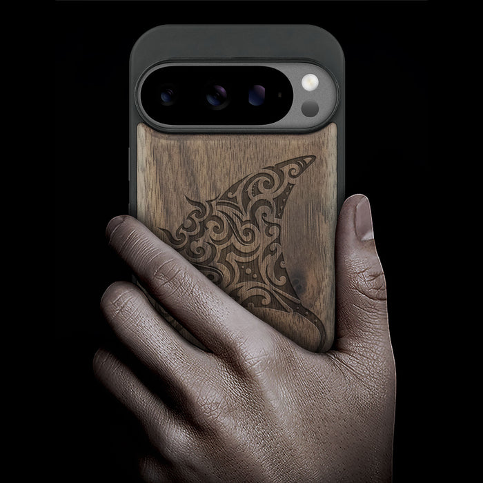 Polynesian Manta Rays, Classic Engraved Wood & TPU Case - Artisanal Cover for Google Pixel