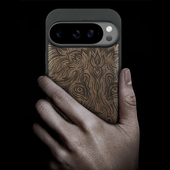 Zentangle Lion, Classic Engraved Wood & TPU Case - Artisanal Cover for Google Pixel