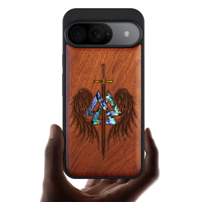 Wings of Valor Essence, Hand-Inlaid Wood & Mother of Pearl Case - Artisanal Cover for Google Pixel